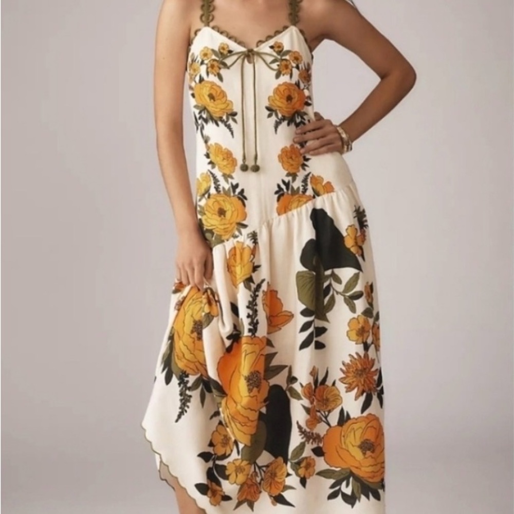 Anthropologie Farm Rio Floral Midi Dress - Orange and Green.   New!!